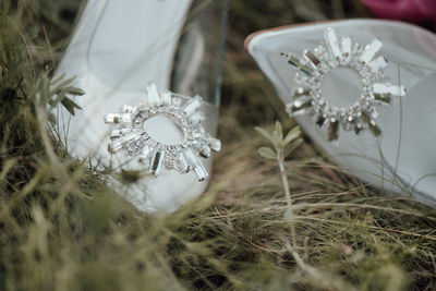 Close-up of wedding rings on grass