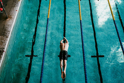 Shirtless male swimmer diving in swimming pool