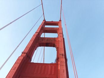 Low angle view of suspension bridge against sky