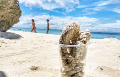 Close-up of water on beach against sky