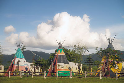 Panoramic view of tent on field against sky