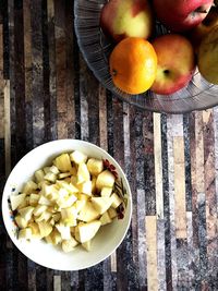 High angle view of fruits in bowl on table