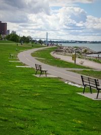 Empty bench on grassy landscape