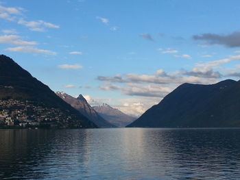 Scenic view of lake and mountains against sky