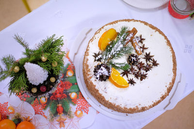 High angle view of breakfast served on table