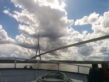 View of suspension bridge against cloudy sky