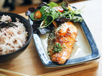 High angle view of meal served on table