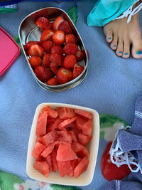 High angle view of strawberries in bowl