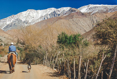 Rear view of woman walking on mountain road