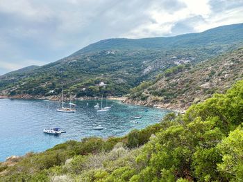 Scenic view of sea and mountains against sky