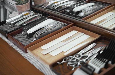 High angle view of tools on table