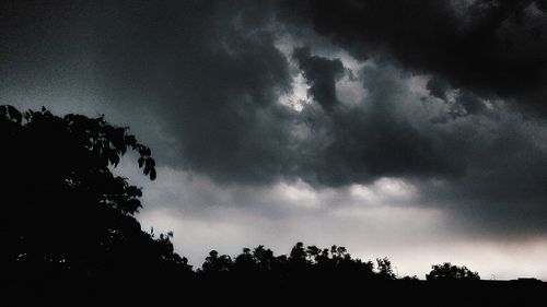 Low angle view of trees against cloudy sky