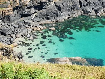High angle view of rock formation in sea