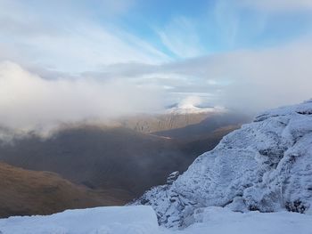 Scenic view of snow covered mountains against sky