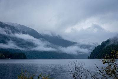 Scenic view of lake by mountains against sky
