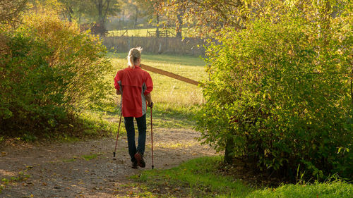 Rear view of woman walking in forest