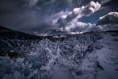 Scenic view of snow covered mountains against sky