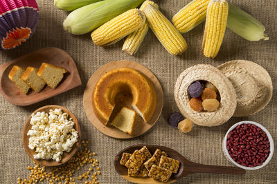 High angle view of breakfast on table