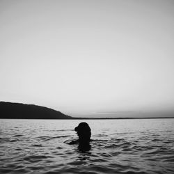 Rear view of silhouette man looking at sea against clear sky