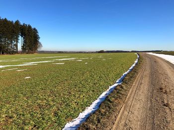 Scenic view of agricultural field against clear blue sky