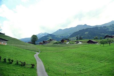 Scenic view of farm against sky