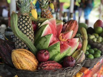 Close-up of tropical fruits for sale in market in biopeba island brazil