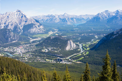 Beautiful aerial view of rocky mountains and river. banff city in the valley. alberta, canada