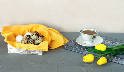 High angle view of breakfast on table