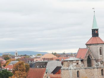 High angle view of buildings against sky