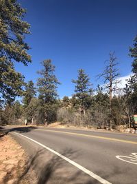 Empty road along trees and against blue sky