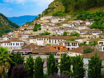 Buildings in town against sky