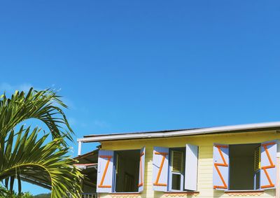 Low angle view of palm tree against blue sky