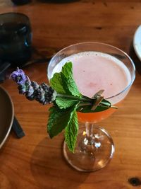 High angle view of drink on table