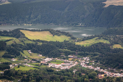 High angle view of furnas townscape on sao miguel island, azores