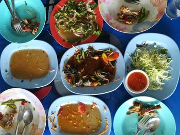 High angle view of food served on table