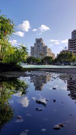 Reflection of buildings in lake