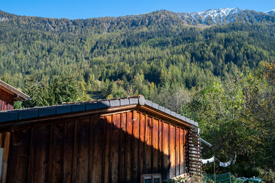 House against trees and plants growing on mountain