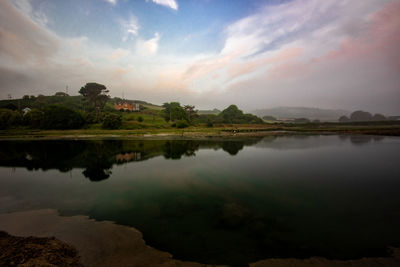 Scenic view of lake against sky at sunset