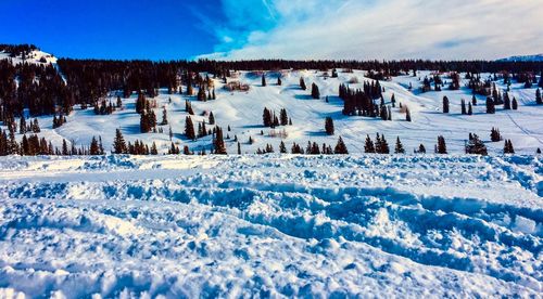 Panoramic view of snow covered land against sky