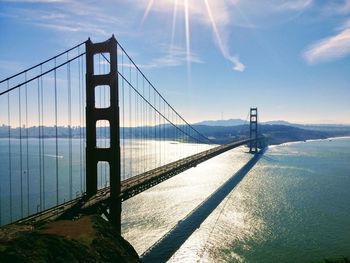 View of suspension bridge over river