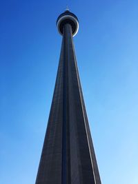 Low angle view of communications tower against blue sky