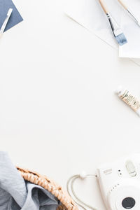 High angle view of text on white table