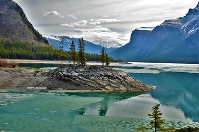 Scenic view of lake and mountains against sky