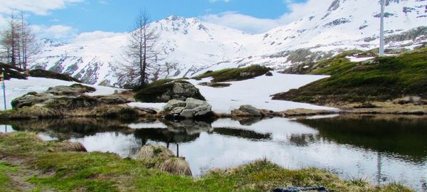 Scenic view of lake by mountain against sky