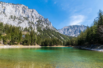 Scenic view of lake and mountains against sky