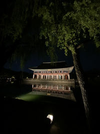 Illuminated building by lake at night