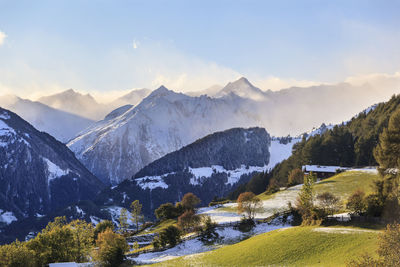 Scenic view of snowcapped mountains against sky