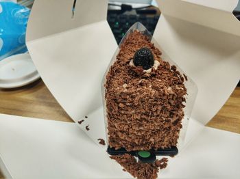 High angle view of cake in plate on table