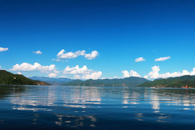 Scenic view of lake against blue sky