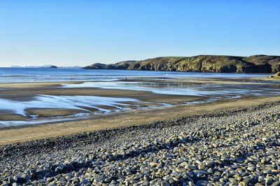 Scenic view of beach against clear sky